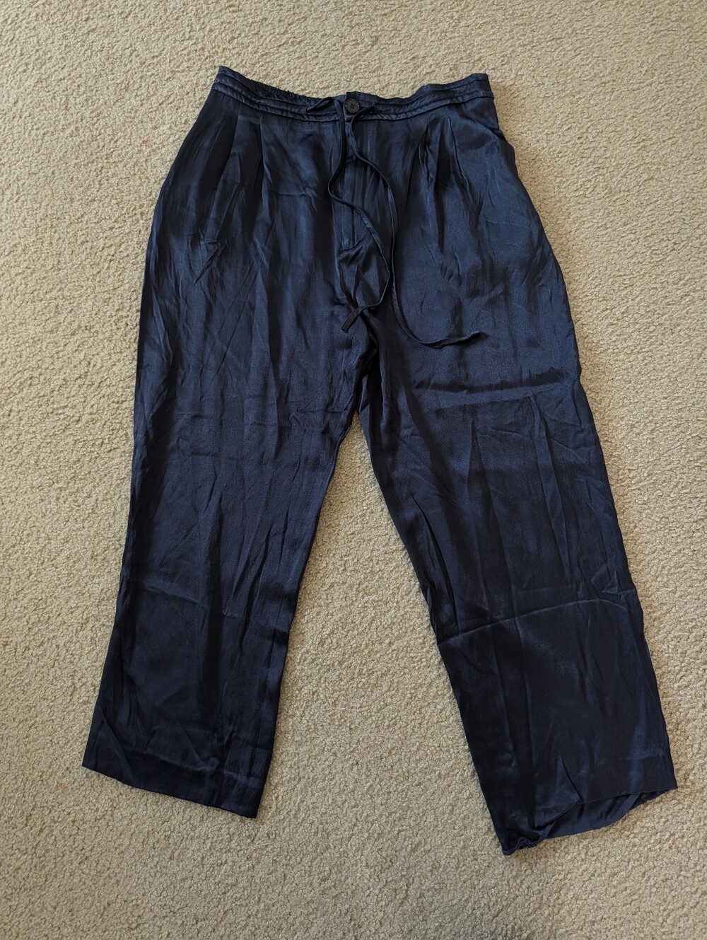 Zara Women's Navy Satin Relaxed Drawstring Trousers